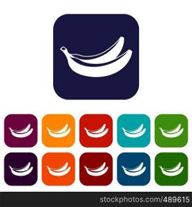 Banana icons set vector illustration in flat style in colors red, blue, green, and other. Banana icons set