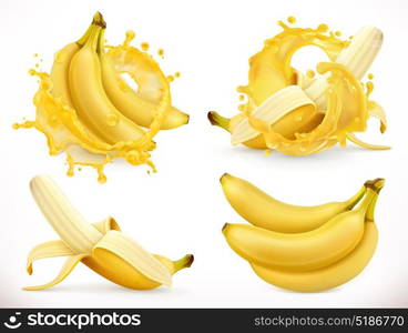 Banana juice. Fresh fruit and splash, 3d realistic vector icon