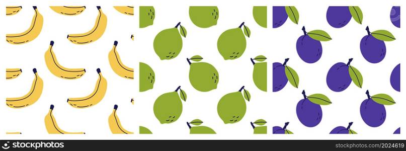Banana, lime and plum. Fruit seamless pattern bundle. Color illustration collection in hand-drawn style. Vector repeat background set
