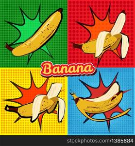 Banana opened banana bitten banana peel banana pop art vector illustration. Banana opened banana bitten banana peel banana pop art vector illustration, isolated
