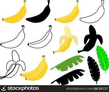 Banana palm tree collection on white background. Banana, peeled banana, banana peel. sweet banana sign. flat style.