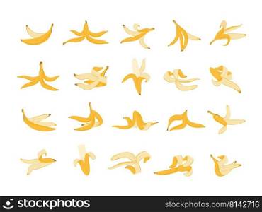 Banana peel. Cartoon organic waste template, colorful yellow flat banana skin, healthy food and diet failure concept. Vector fruit garbage isolated set. Slippery rubbish, accident fall. Banana peel. Cartoon organic waste template, colorful yellow flat banana skin, healthy food and diet failure concept. Vector fruit garbage isolated set