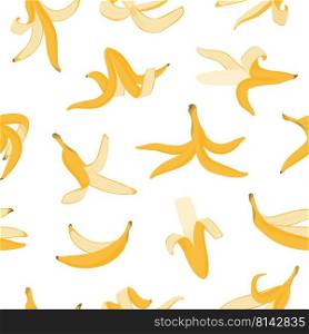 Banana peel pattern. Seamless print of cartoon banana skin organic waste, colorful yellow fruit garbage. Vector texture. Bio food waste, organic garbage objects for fabric, wrapping paper. Banana peel pattern. Seamless print of cartoon banana skin organic waste, colorful yellow fruit garbage. Vector texture