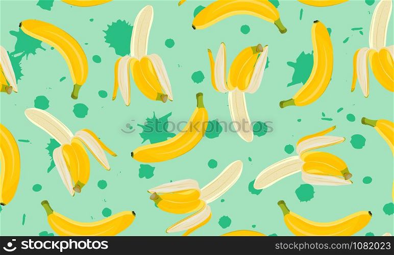 Banana seamless pattern, Half peeled banana on green paint splash background. Tropical fruit vector illustration.