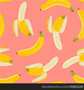 Banana seamless pattern, Half peeled banana on pink background. vector illustration.