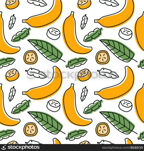 Banana seamless pattern. Hand drawn fresh tropical fruit. Multicolored vector sketch background. Colorful doodle wallpaper. Green and yellow print