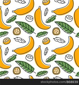 Banana seamless pattern. Hand drawn fresh tropical fruit. Multicolored vector sketch background. Colorful doodle wallpaper. Green and yellow print