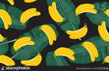 Banana seamless pattern with banana leaves, Bunch of ripe bananas on black background. Tropical fruit vector illustration.