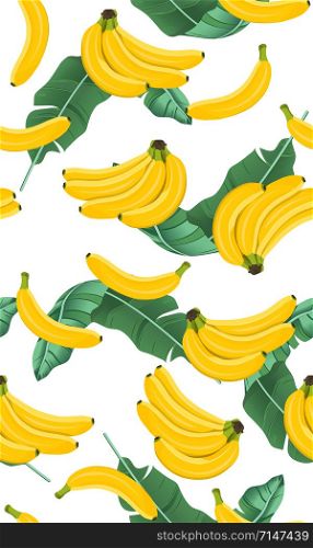 Banana seamless pattern with banana leaves, Bunch of ripe bananas on white background. Tropical fruit vector illustration.