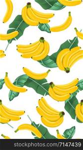 Banana seamless pattern with banana leaves, Bunch of ripe bananas on white background. Tropical fruit vector illustration.