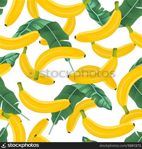 Banana seamless pattern with banana leaves on white background. Tropical fruit vector illustration.