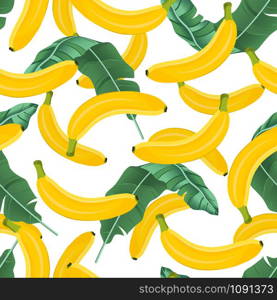 Banana seamless pattern with banana leaves on white background. Tropical fruit vector illustration.