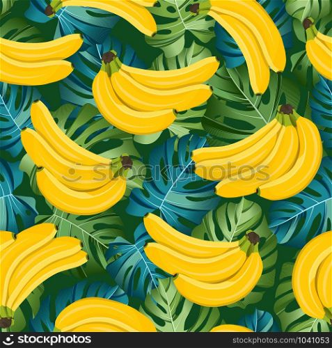 Banana seamless pattern with tropical leaves on dark green background. Tropical fruit and botanical vector illustration.
