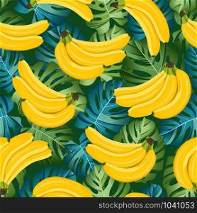 Banana seamless pattern with tropical leaves on dark green background. Tropical fruit and botanical vector illustration.