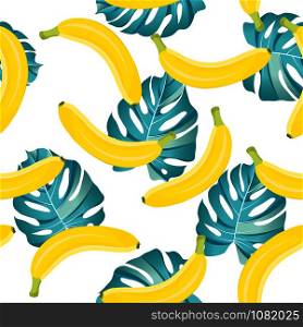 Banana seamless pattern with tropical leaves on white background. Tropical fruit and botanical vector illustration.