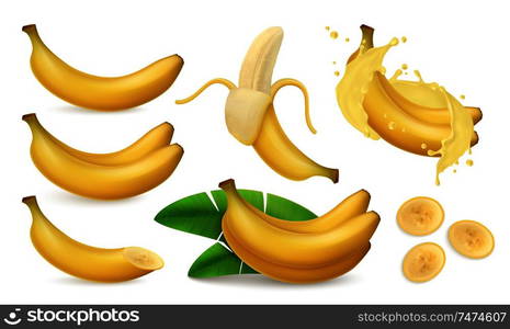 Banana set of realistic images with bunch of whole bananas leaves and slices with juice splashes vector illustration