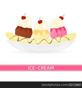 Banana split ice-cream isolated. Vector illustration of banana split isolated on white background. Ice cream dessert with syrup and cherry.