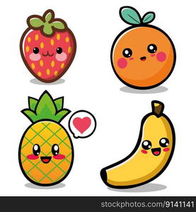 banana,strawberry,pineapple and orange kawaii icon over white