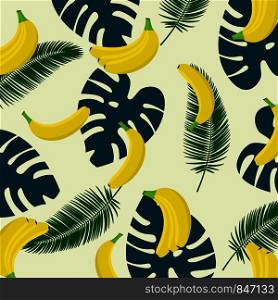 Banana with tropical lief background. Seamless pattern with tropical palm leaves and bananas
