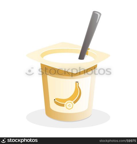 Banana yogurt with spoon inside on white background