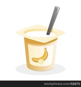 Banana yogurt with spoon inside on white background