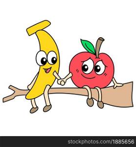 bananas and apples are in love holding hands, doodle icon image. cartoon caharacter cute doodle draw