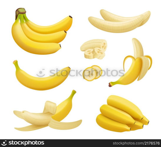 Bananas realistic. Exotic tropical yellow fruits closeup eating sliced products decent vector illustrations of bananas branches. Banana fruit exotic, food tropical yellow color. Bananas realistic. Exotic tropical yellow fruits closeup eating sliced products decent vector illustrations of bananas branches