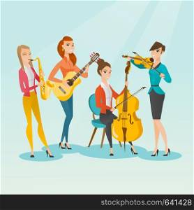 Band of musicians playing musical instruments. Group of young musicians playing musical instruments. Band of musicians performing with instruments. Vector flat design illustration. Square layout.. Band of musicians playing musical instruments.