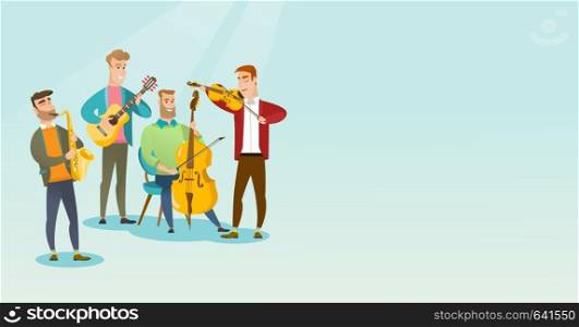 Band of musicians playing musical instruments. Group of young musicians playing musical instruments. Band of musicians performing with instruments. Vector flat design illustration. Horizontal layout.. Band of musicians playing musical instruments.