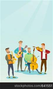 Band of musicians playing musical instruments. Group of young musicians playing musical instruments. Band of musicians performing with instruments. Vector flat design illustration. Vertical layout.. Band of musicians playing musical instruments.