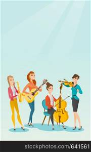 Band of musicians playing musical instruments. Group of young musicians playing musical instruments. Band of musicians performing with instruments. Vector flat design illustration. Vertical layout.. Band of musicians playing musical instruments.