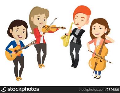 Band of musicians playing on musical instruments. Group of musicians playing on musical instruments. Musicians performing with instruments. Vector flat design illustration isolated on white background. Band of musicians playing on musical instruments.