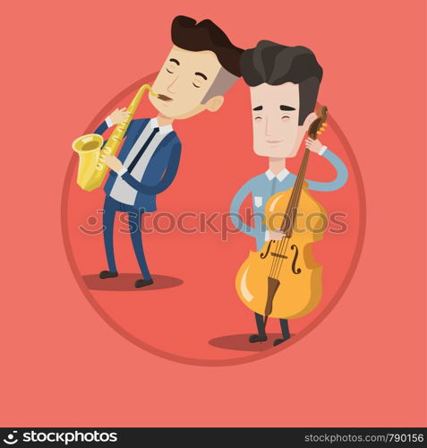 Band of musicians playing on musical instruments. Group of young caucasian musicians performing with musical instruments. Vector flat design illustration in the circle isolated on background.. Band of musicians playing on musical instruments.