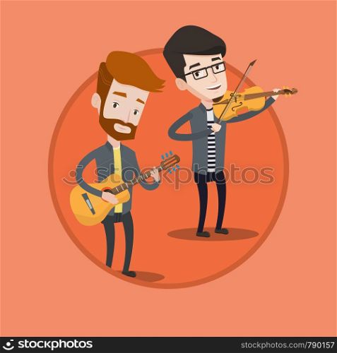Band of musicians playing on musical instruments. Group of young caucasian musicians performing with musical instruments. Vector flat design illustration in the circle isolated on background.. Band of musicians playing on musical instruments.