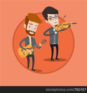Band of musicians playing on musical instruments. Group of young caucasian musicians performing with musical instruments. Vector flat design illustration in the circle isolated on background.. Band of musicians playing on musical instruments.