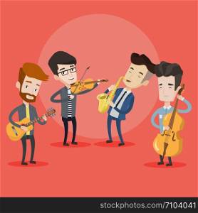 Band of musicians playing on musical instruments. Group of young musicians playing on musical instruments. Band of musicians performing with instruments. Vector flat design illustration. Square layout. Band of musicians playing on musical instruments.