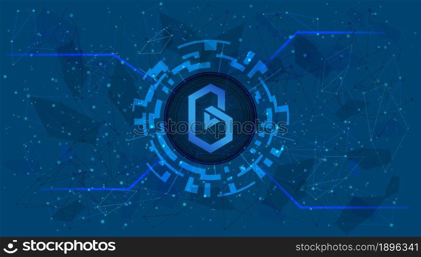 Band Protocol BAND token symbol of the DeFi project in a digital circle with a cryptocurrency theme on a blue background. Cryptocurrency icon. Decentralized finance programs. Copy space. Vector EPS10.