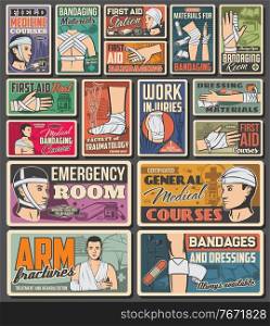 Bandage, emergency aid medicine retro vector banners. Medical assistance and traumatology clinic ward fracture treatment. Trauma of finger, head and buttocks first aid and bandaging vintage cards set. Bandage, emergency aid medicine retro banners