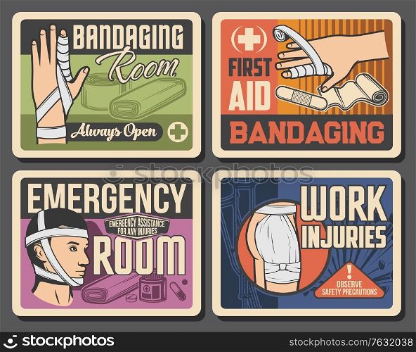 Bandage, emergency room medicine retro vector posters. Trauma of finger, head and buttocks first aid and bandaging. Medical assistance and traumatology clinic ward vintage cards, fracture treatment. Bandage, emergency room medicine retro posters