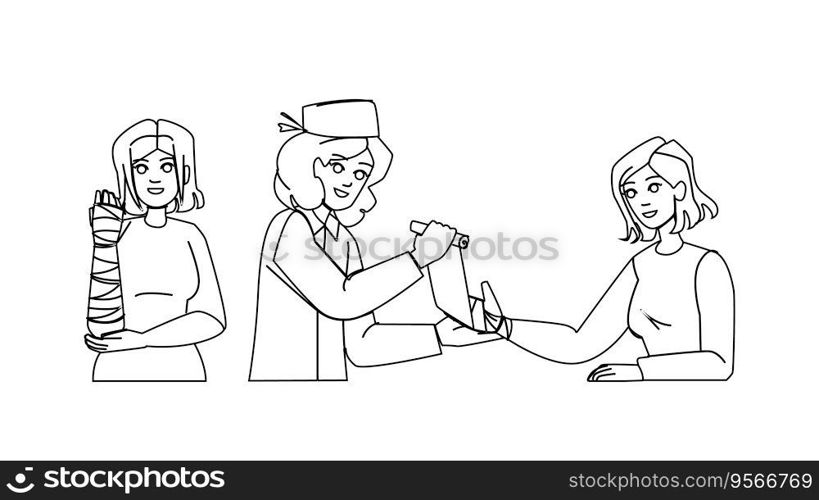 bandage hand vector. injury wound, hurt accident, patient care, fracture trauma, clinic injured bandage hand character. people black line illustration. bandage hand vector