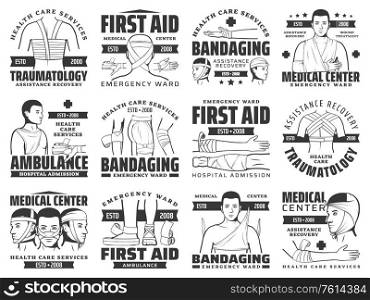Bandages of injury and fracture vector icons of first aid bandaging. Traumatology medical emergency symbols with bandages of arm or leg bone fractures, elbow or knee joint sprains, head, nose injuries. Bandages of injury and fracture. First aid icons