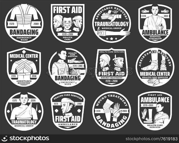 Bandaging first aid, trauma and injury medical emergency vector icons. Traumatology first aid, medical center and clinic emergency ward for injury fracture, wound trauma bandaging, medical assistance. Bandaging first aid, trauma injury medical icons