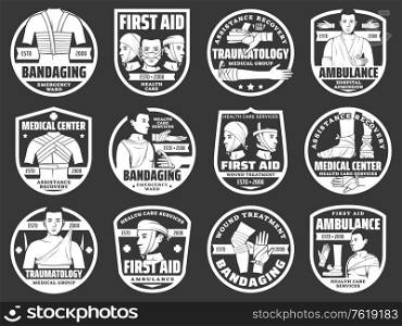 Bandaging first aid, trauma and injury medical emergency vector icons. Traumatology first aid, medical center and clinic emergency ward for injury fracture, wound trauma bandaging, medical assistance. Bandaging first aid, trauma injury medical icons
