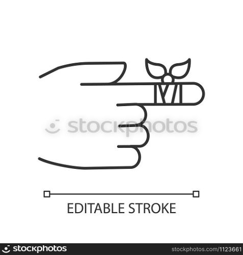 Bandaging linear icon. Hurt finger. Hand injury. Arm pain help. First aid. Medical procedure. Minor injury. Thin line illustration. Contour symbol. Vector isolated outline drawing. Editable stroke