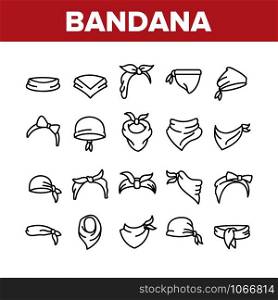 Bandana Hats Collection Elements Icons Set Vector Thin Line. Bandana Windy Hair Dressing, Headband For Woman Hairstyle, Cowboy Face Mask Concept Linear Pictograms. Monochrome Contour Illustrations. Bandana Hats Collection Elements Icons Set Vector