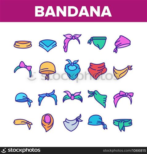 Bandana Hats Collection Elements Icons Set Vector Thin Line. Bandana Windy Hair Dressing, Headband For Woman Hairstyle, Cowboy Face Mask Concept Linear Pictograms. Color Contour Illustrations. Bandana Hats Collection Elements Icons Set Vector