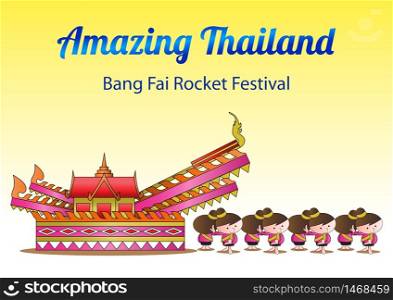 bang fai rocket festival parade,belief in big snake that prayed for rain for agriculture activity,in cartoon design,vector illustration