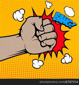 Bang. Human fist in pop art style. Design element in vector.