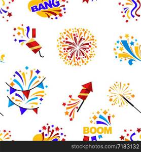 Bang party and celebration of holiday seamless pattern isolated on white vector. Boom petards and confetti, decoration and surprise, glowing sparkling elements. Burst and firecracker, cracker festival. Bang party and celebration of holiday seamless pattern isolated on white vector.