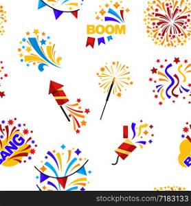 Bang party and celebration of holiday seamless pattern isolated on white vector. Boom petards and confetti, decoration and surprise, glowing sparkling elements. Burst and firecracker, cracker festival. Bang party and celebration of holiday seamless pattern isolated on white vector.
